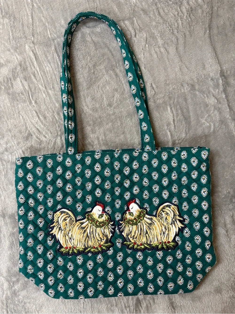 Vera Bradley Green Patterned Tote Bag with Embroidered Roosters